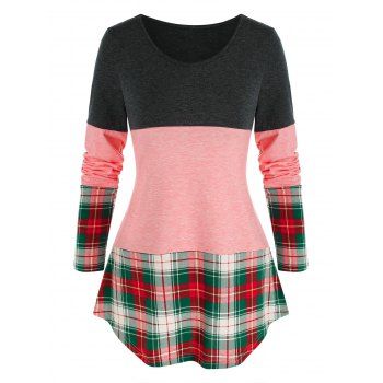 

Long Sleeve Plaid Print Contrast T-shirt, Multicolor a