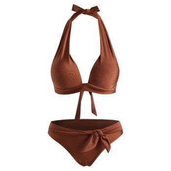 

Shiny Halter Belted Padded Bikini Swimwear, Deep coffee