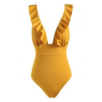 

Textured Ribbed Ruffle Lace-up One-piece Swimsuit, Deep yellow