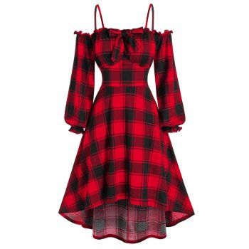 

Lantern Sleeve Cold Shoulder Plaid High Low Dress, Red