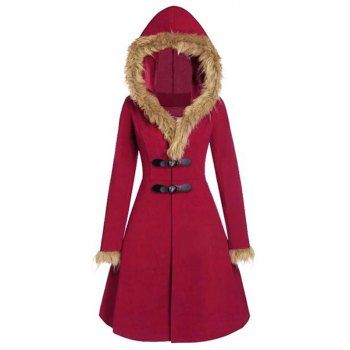 

Faux Fur Insert Buckles Long Coat, Red wine