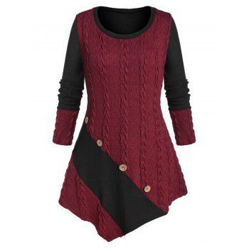 

Plus Size Cable Knit Asymmetrical Two Tone Sweater, Multicolor a