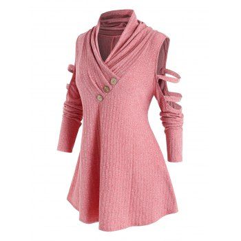 

Plus Size Button Pleated Collar Cut Out Sweater, Pink rose