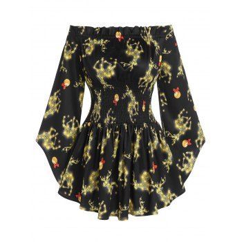 

Christmas Elk Print Off The Shoulder Smocked Top, Black