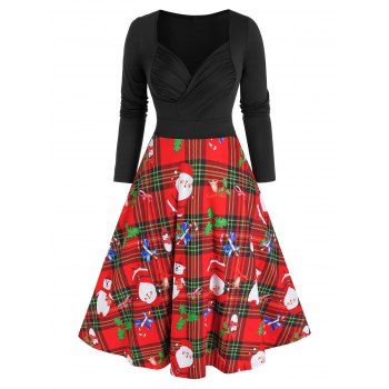 

Christmas Santa Claus Plaid Print Ruched Dress, Multicolor a