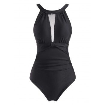

High Neck Mesh Panel Ruched Front One-piece Swimsuit, Black
