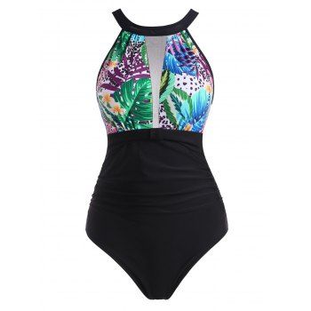 

High Neck Leopard Leaf Print Mesh Panel Ruched One-piece Swimsuit, Black