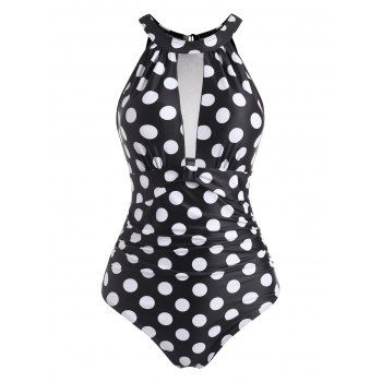 

High Neck Polka Dot Mesh Panel Ruched One-piece Swimsuit, Black