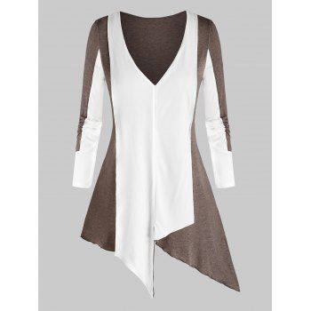

Plus Size Asymmetrical Colorblock T Shirt, Deep brown