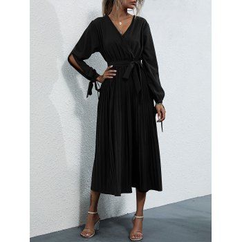 

A Line Midi Surplice Dress Split Sleeve Cut Out Tie Cuffs V Neck Long Sleeve Pleated Midaxi Dress, Black