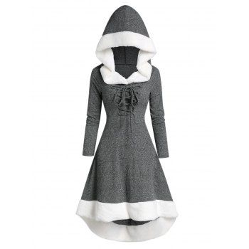 

Hooded Lace Up Faux Fur Panel Marled Asymmetrical Dress, Dark gray