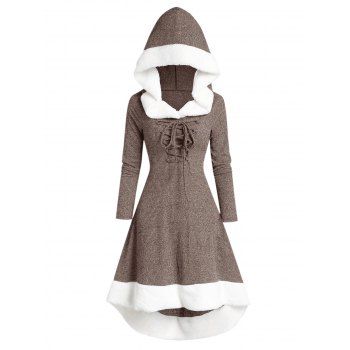 

Hooded Lace Up Faux Fur Panel Marled Asymmetrical Dress, Coffee