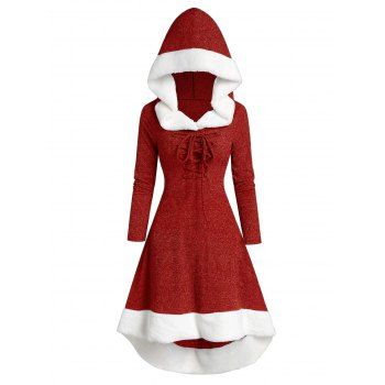 

Hooded Lace Up Faux Fur Panel Marled Asymmetrical Dress, Red