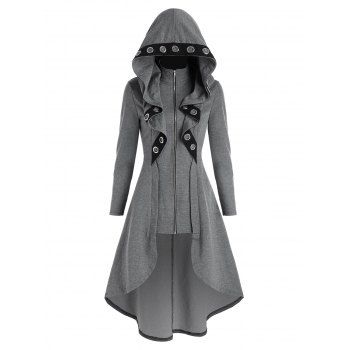 

Hooded Faux Twinset Grommets Long Irregular Coat, Gray