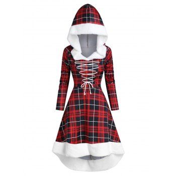 

Plaid Faux Fur Insert Hooded Lace Up High Low Dress, Red wine