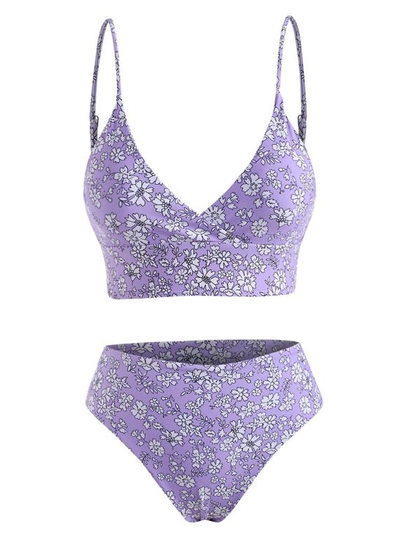 Maillot de Bain Bikini Superposé en Avant Fleuri Imprimé à Coupe Haute - Violet clair L