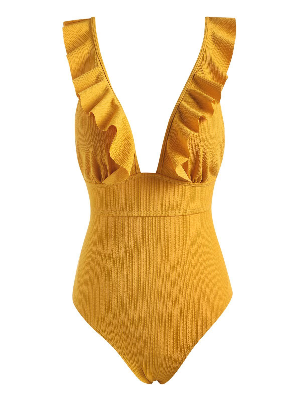 Textured Ribbed Ruffle Lace-up One-piece Swimsuit - DEEP YELLOW L