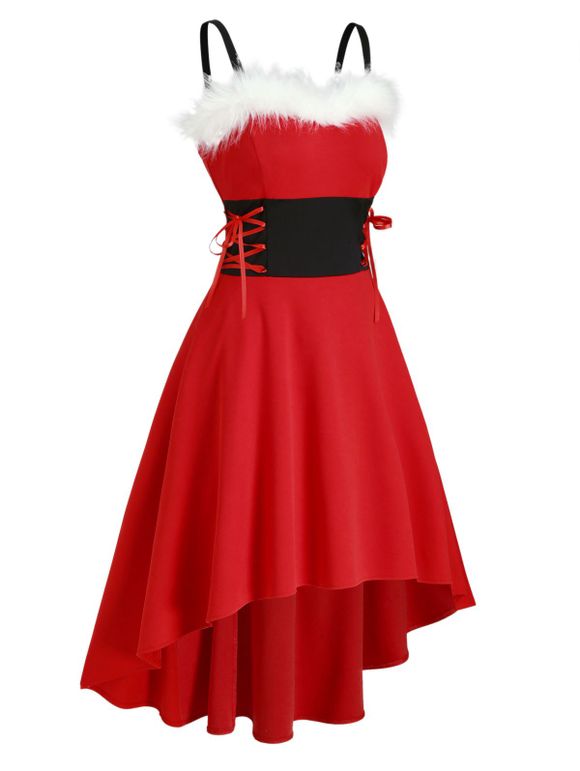 Christmas Faux Fur Insert Lace Up High Low Dress - RED L
