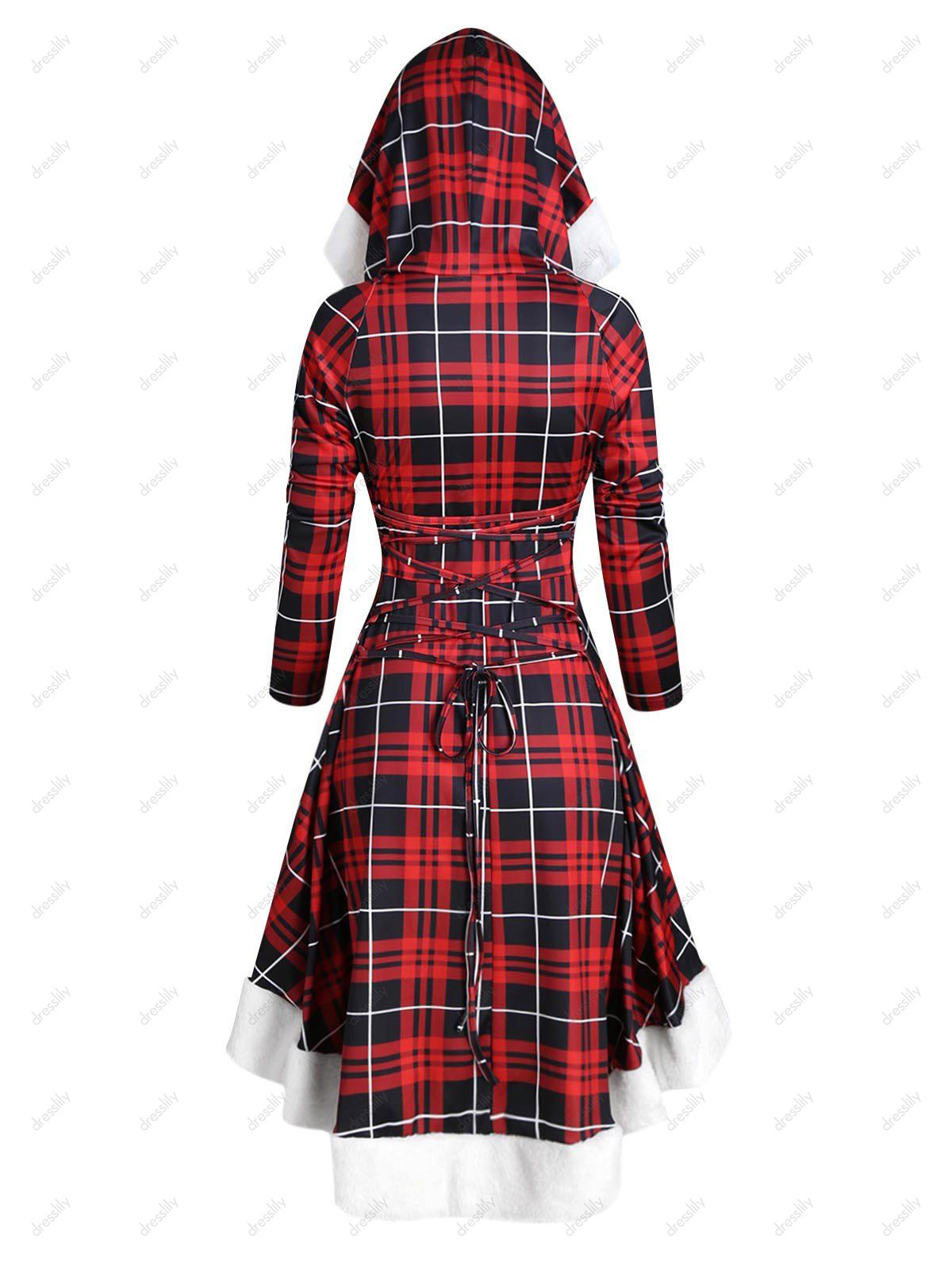 [44 Off] 2022 Plaid Faux Fur Insert Hooded Lace Up High Low Dress In