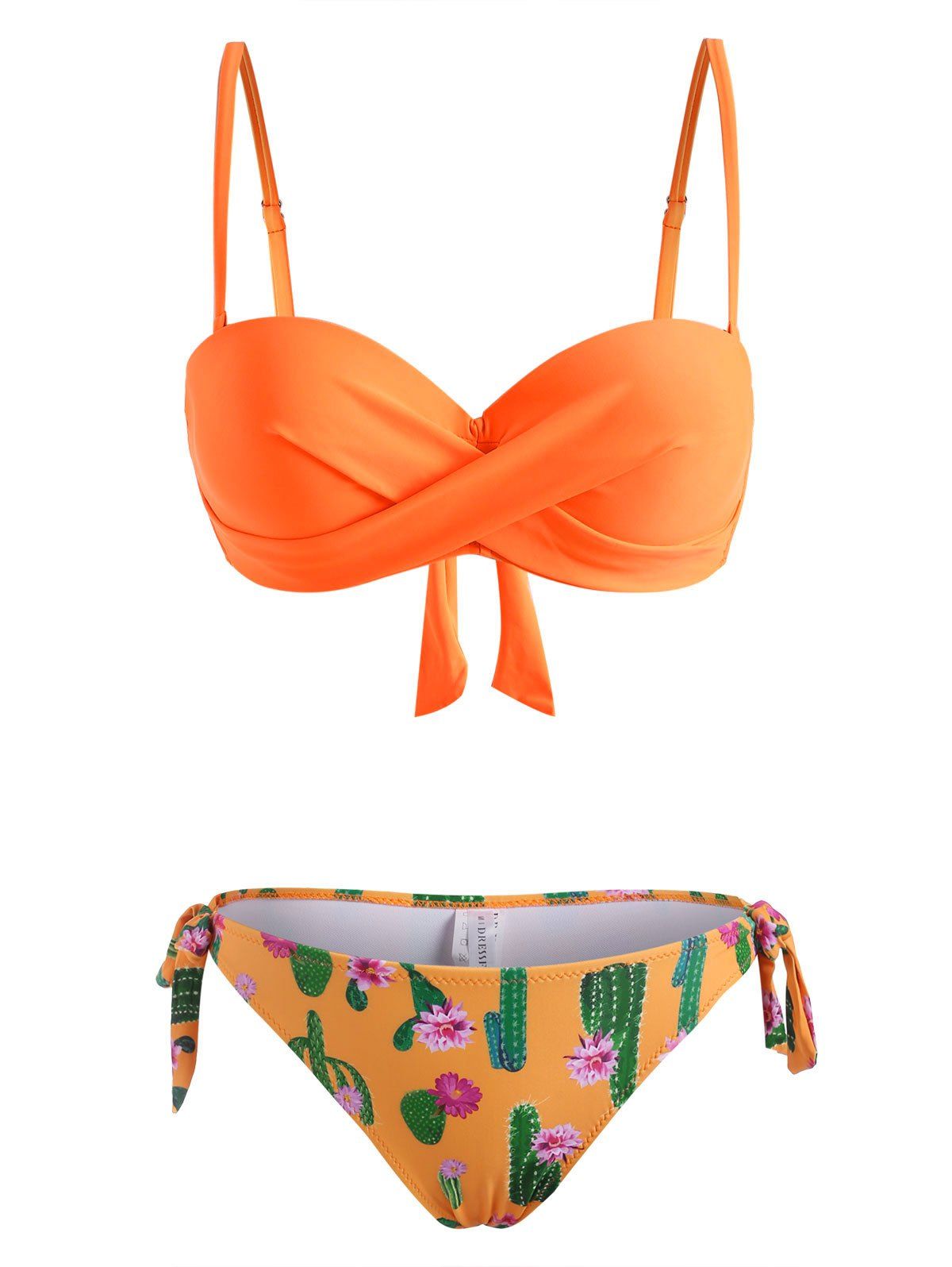 Cactus Flower Print Tie Side Twisted Three Piece Bikini Swimwear - DARK ORANGE XL