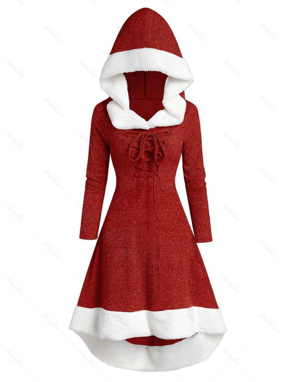 Hooded Lace Up Faux Fur Panel Marled Asymmetrical Dress - RED 3XL