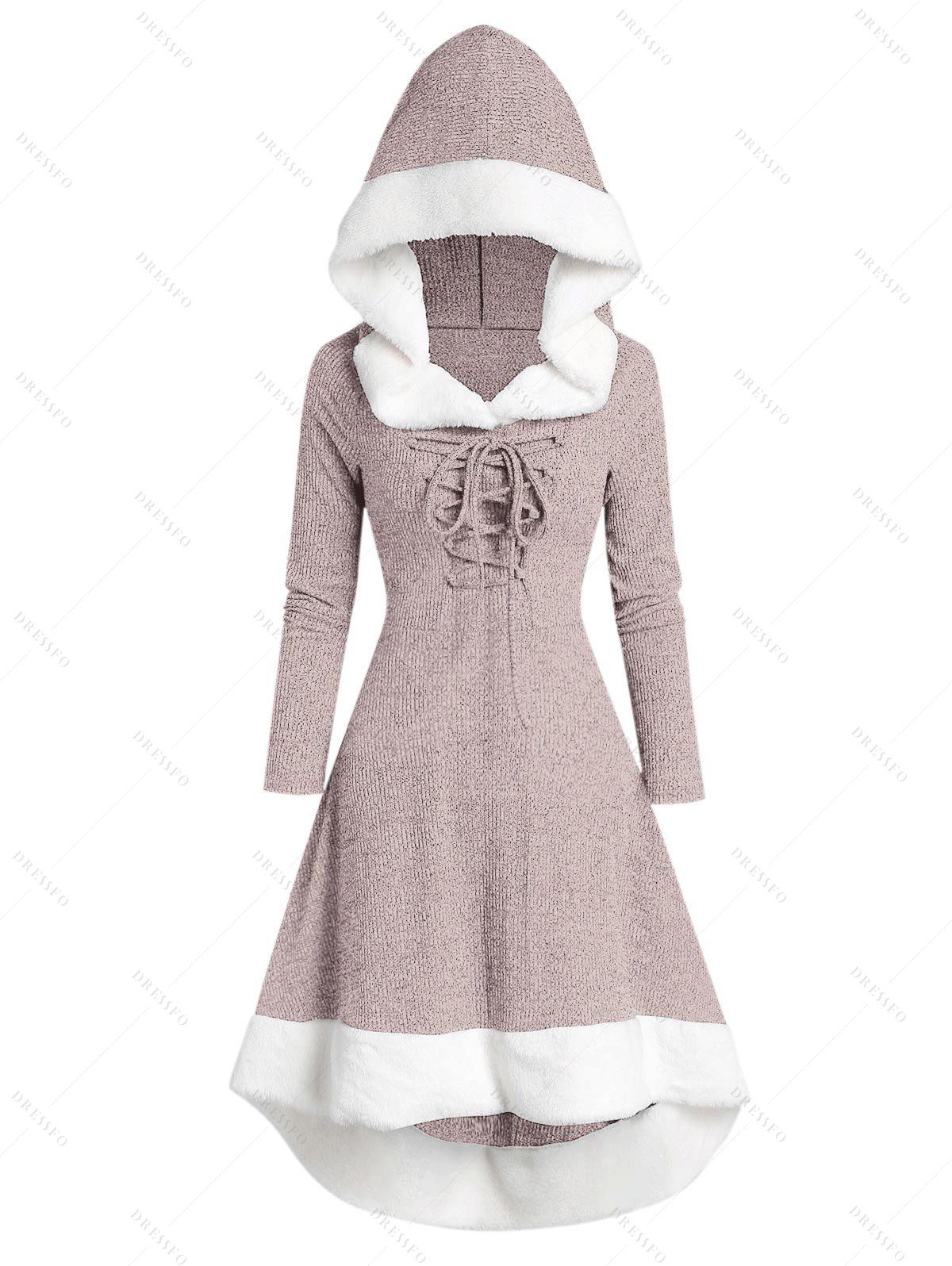 Hooded Lace Up Faux Fur Panel Marled Asymmetrical Dress - LIGHT KHAKI M