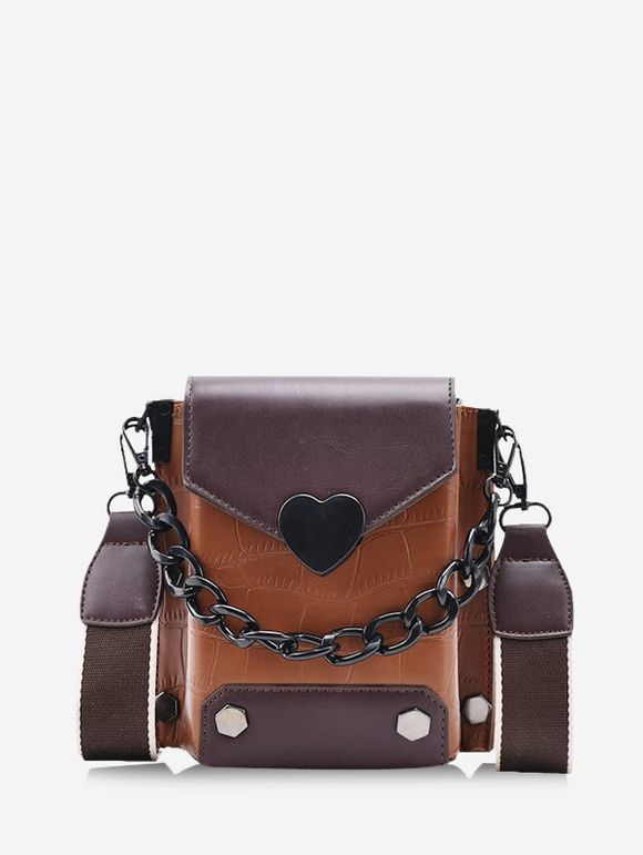 Sac à Bandoulière Rétro Cœur en Blocs de Couleurs avec Chaîne - Brun 