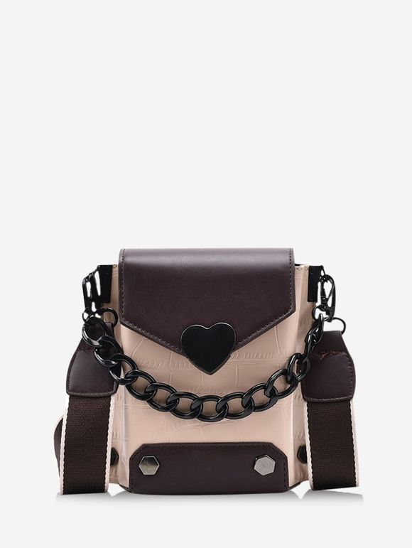 Sac à Bandoulière Rétro Cœur en Blocs de Couleurs avec Chaîne - Kaki 