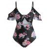 Maillot de Bain Découpé Plissé Fleuri Une-Pièce - Noir L