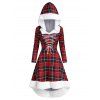 Robe à Capuche Haute Basse à Carreaux en Fausse Fourrure à Lacets - Rouge Vineux L
