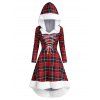 Plaid Faux Fur Insert Hooded Lace Up High Low Dress