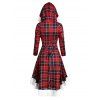 Plaid Faux Fur Insert Hooded Lace Up High Low Dress - RED WINE 3XL