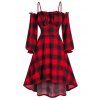 Robe Haute-Bas à Carreaux à Épaules Nues à Manches Lanternes - Rouge M