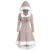 Robe à Capuche Asymétrique Chiné Panneau en Fausse Fourrure à Lacets - Kaki Léger S