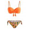 Cactus Flower Print Tie Side Twisted Three Piece Bikini Swimwear - DARK ORANGE XL