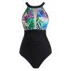 High Neck Leopard Leaf Print Mesh Panel Ruched One-piece Swimsuit - BLACK S