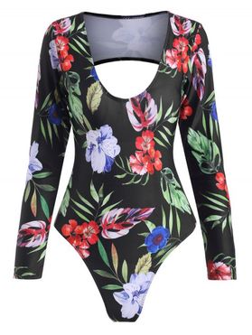 Floral Leaf Cutout Back Long Sleeve One-piece Swimsuit