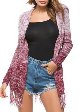Open Front Hooded Heathered Tassels Cardigan