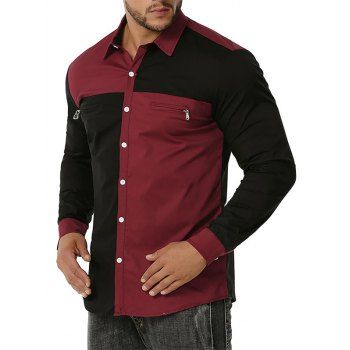 

Zipper Detail Button Up Contrast Shirt, Red wine