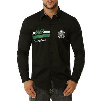 

Button Up Letter Embroidered Graphic Print Shirt, Black