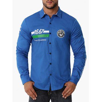 

Button Up Letter Embroidered Graphic Print Shirt, Blue
