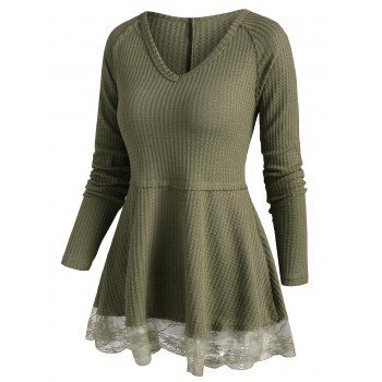 

Lace See Thru Hem Raglan Sleeve Tunic Knitwear, Green