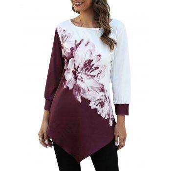 

Flower Colorblock Asymmetrical Longline T Shirt, Concord