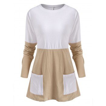 

Two Tone Bicolor Fleece Pocket Long Sleeve Tunic Tee, Light coffee