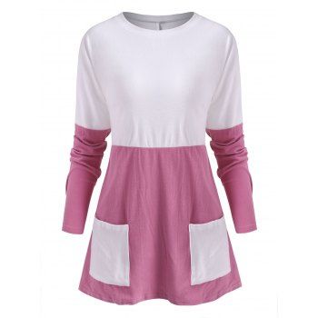 

Two Tone Bicolor Fleece Pocket Long Sleeve Tunic Tee, Light pink