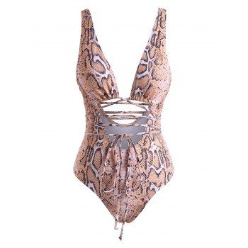 

Snake Print Wrap-tie Low Back One-piece Swimsuit, Light orange