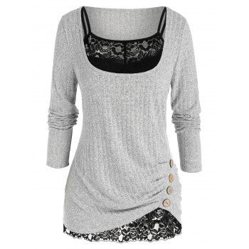 Image of Plus Size Ruched U Neck Sweater with Lace Cami Top Set