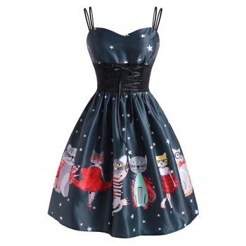 

Dual Strap Lace-up Funny Cat Stars Flared Dress, Multicolor