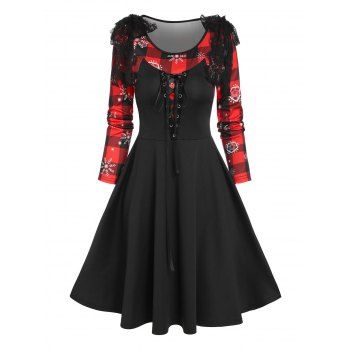 

Christmas Snowflake Plaid Print Lace-up Bowknot Detail Dress, Black