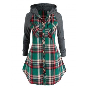 

Plus Size Hooded Plaid Flap Pocket Curved Hem Blouse, Sea green